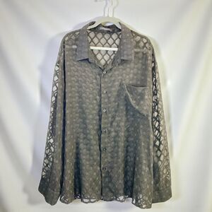 INCERUN Men’s Black Layered Button-Down Blouse Sheer Swiss Dot 5XL Excellent